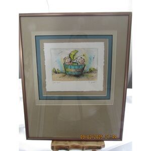 Framed art by T Scot love soup girl boy moon signed hand painted original